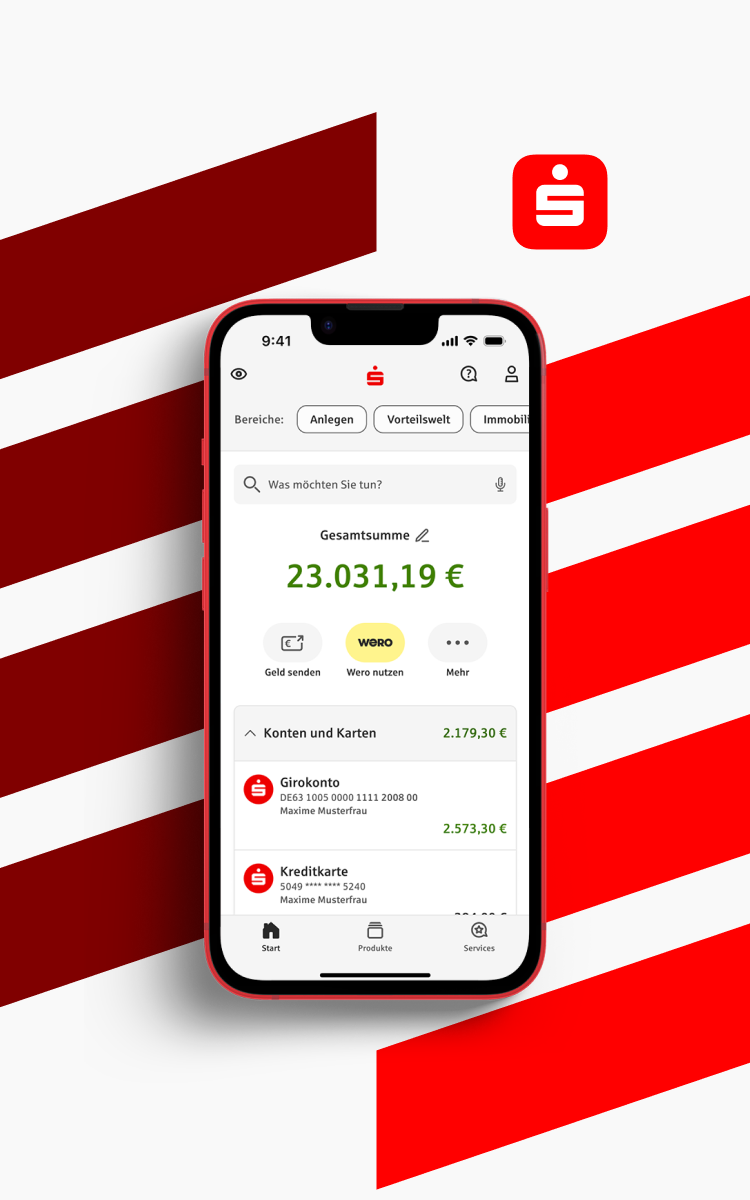 Smartphone mit der App Sparkasse, Finanzübersicht