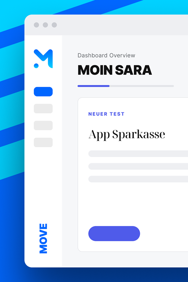 Dashboard der MOVE Community mit einem neuen Test für die App Sparkasse